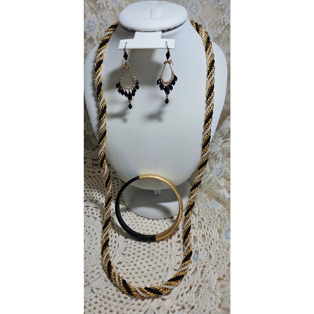 Vintage Black and Gold Tone Twisted Necklace Bangle Bracelet and Dangle Earrings